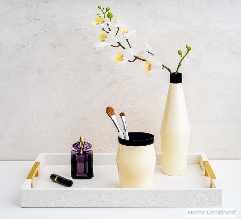 Home Redefined Modern Elegant 17.5"x12" Rectangle Glossy Faux Leather Shagreen White Decorative Serving Tray with Gold Polished Metal Handles for Ottoman Coffee Table Perfume - Image 2